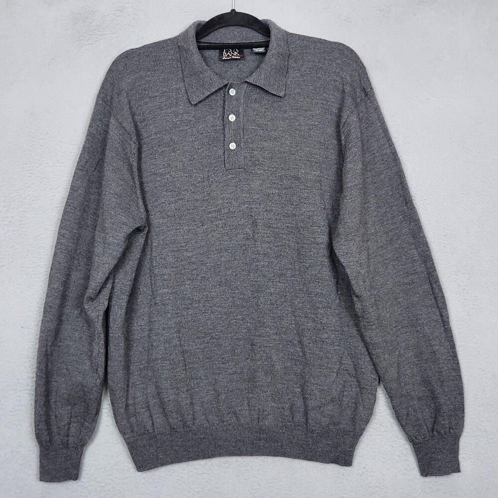 Jos A Bank Sweater Mens Large Gray 100% Merino Wool Collared Knit Pullover